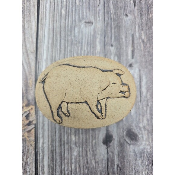 Vtg  Brown Pig w/ Apple Small Oval Stoneware Ceramic Jewelry Trinket Box Japan - Picture 6 of 12